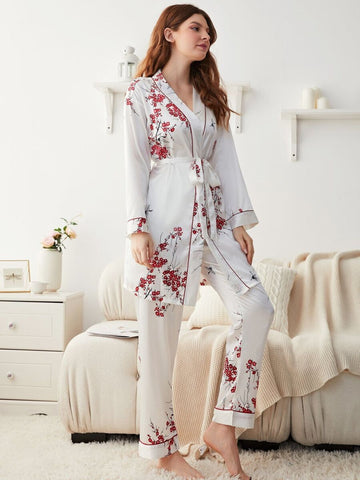 11009-RED Women’s Satin Floral Pajama Set with Matching Robe – Luxury Sleepwear Loungewear Set