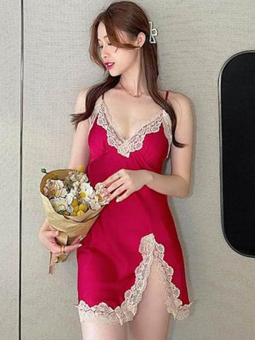 204 - Women Maroon Satin Chemise with Lace Trim & Shrug