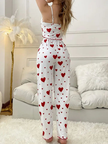 207 - Women White & Red Ribbed Cotton Heart Print Nightwear Set