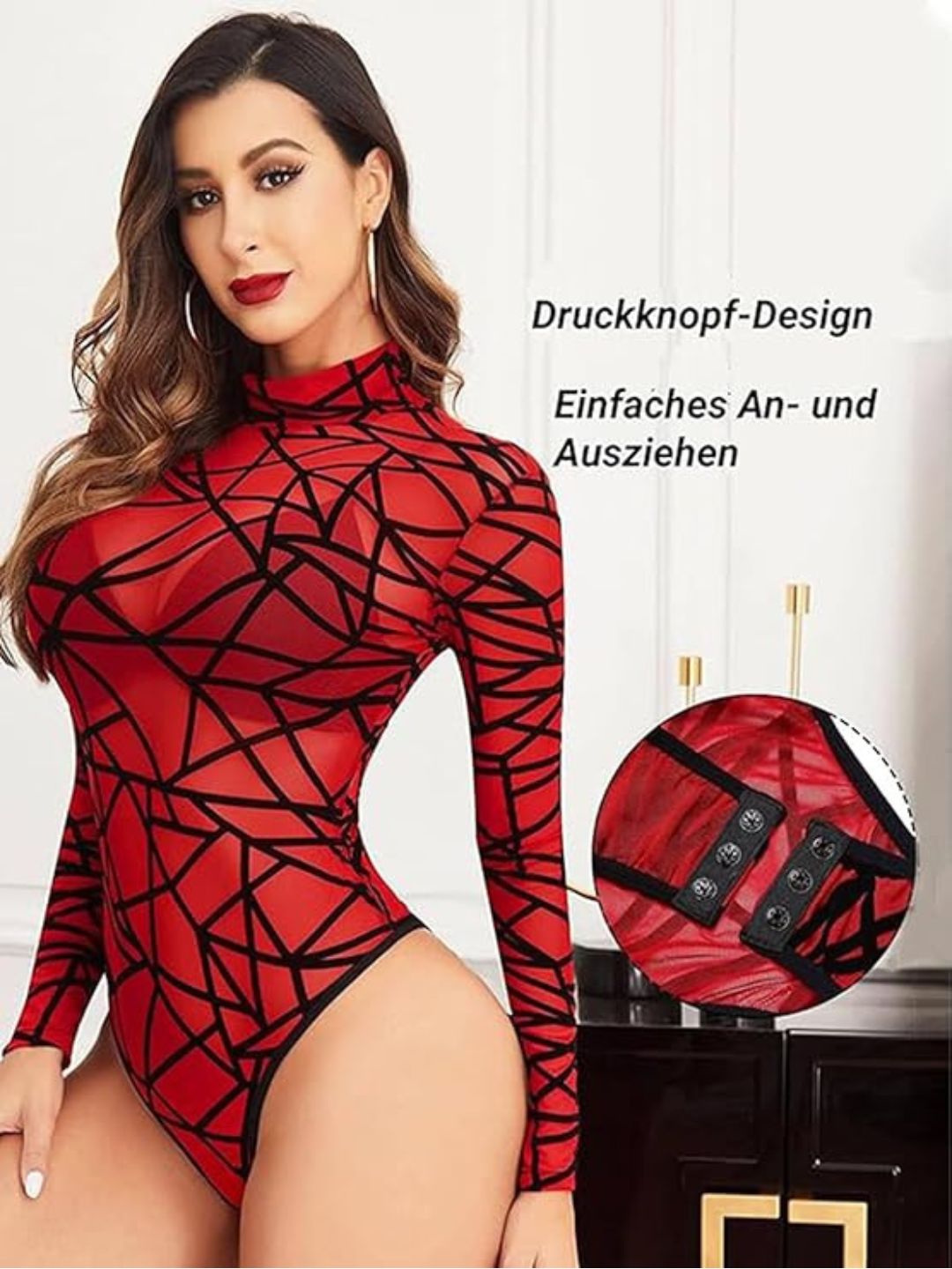 120 Red-Geometric Mesh Long Sleeve Bodysuit