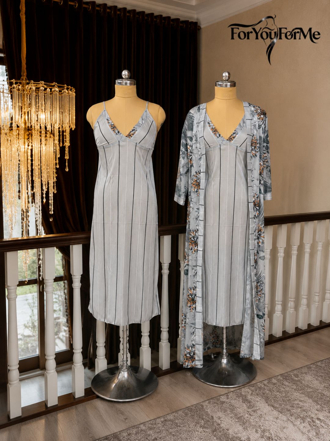 11023 - Women Grey Stripes Satin Nightdress with Floral Printed Long Robe