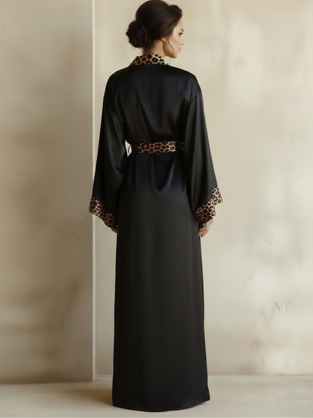 11027 - Women Black Satin Long Night Robe with Leopard Print Trim