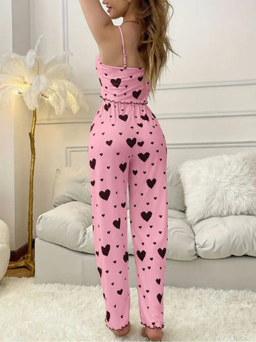 207 - Women Pink & Black Ribbed Cotton Heart Print Nightwear Set