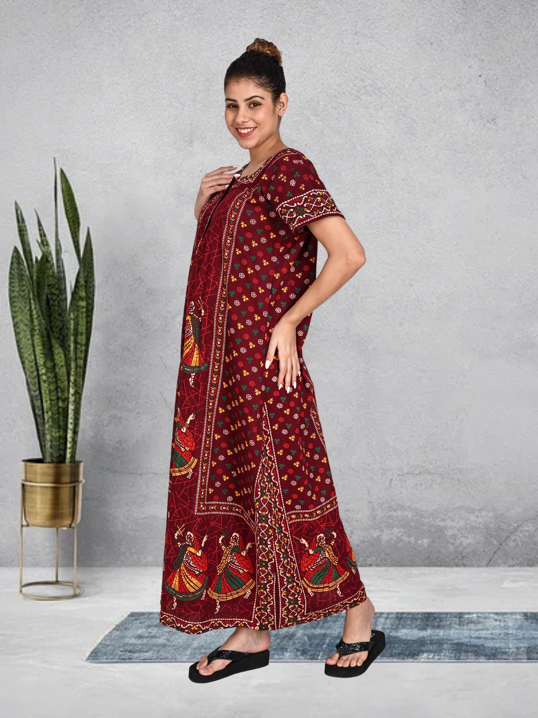 1451-Women's Pure Cotton Blended Printed Maxi Dress for Daily & Night Wear Floral Nighty