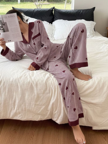 11016-Women Maroon & White Striped Heart Print Comfortable Shirt & Pyjama Nightwear Set
