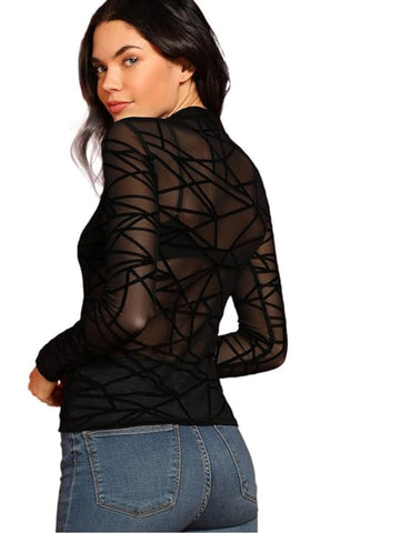 120 Black-Geometric Mesh Long Sleeve Bodysuit