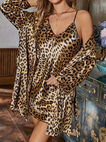 11024 - Women Leopard Print Satin Nightwear Set with Slip & Robe