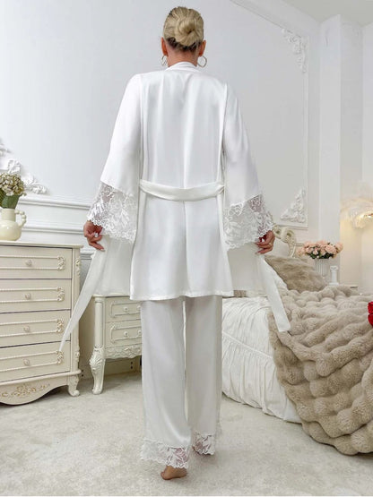 11002-Grey Satin Nightwear Set with Lace Trim | Luxury Sleepwear For Women