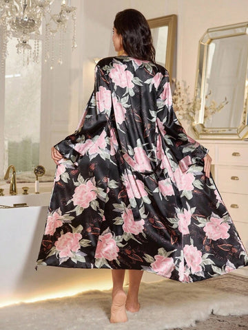 11017-BLACK-Women’s Floral Satin Nightdress with Matching Robe – Soft Luxury Nightwear Set