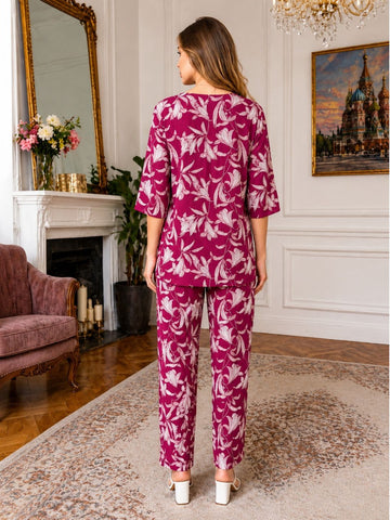 11055-Women White Floral Printed Night Suit Set
