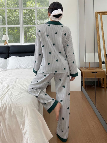11016-Women Green & White Striped Heart Print Comfortable Shirt & Pyjama Nightwear Set