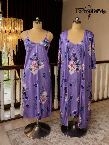 11001-Womens Floral Satin Nightdress with Robe Set