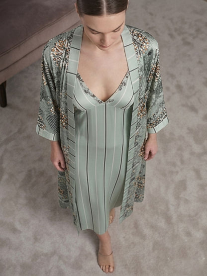 11023 - Women Grey Stripes Satin Nightdress with Floral Printed Long Robe