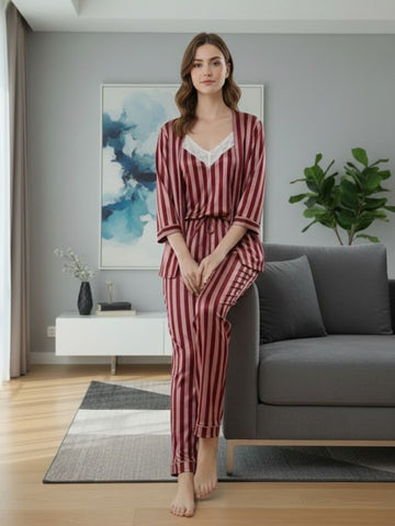11011-MAROON Women’s Satin 3 Piece Nightwear Set – Striped Camisole, Robe & Pyjama