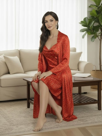 11008-RED Floral Satin Nightwear Set with Long Robe and Cowl Neck Slip Dress for Women