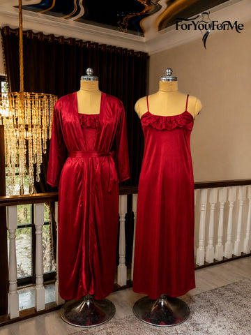 11015- Women Maroon Satin Nightwear Set with Lace-Trimmed Slip & Robe
