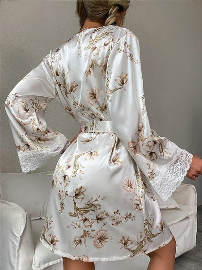 11032-Women Floral Satin Robe with Lace Bralette & Shorts Nightwear Set