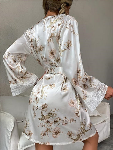 11032-Women Floral Satin Robe with Lace Bralette & Shorts Nightwear Set