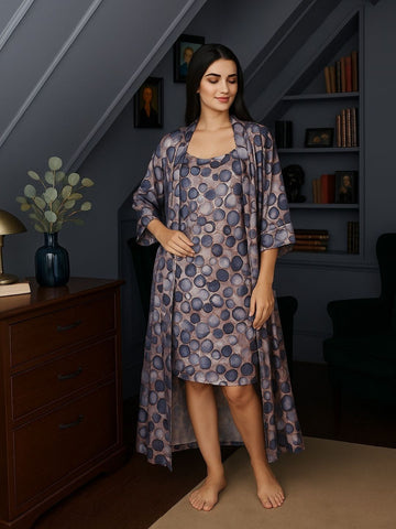 980 - Women Printed Nightdress with Coordinated Long Loungewear Robe