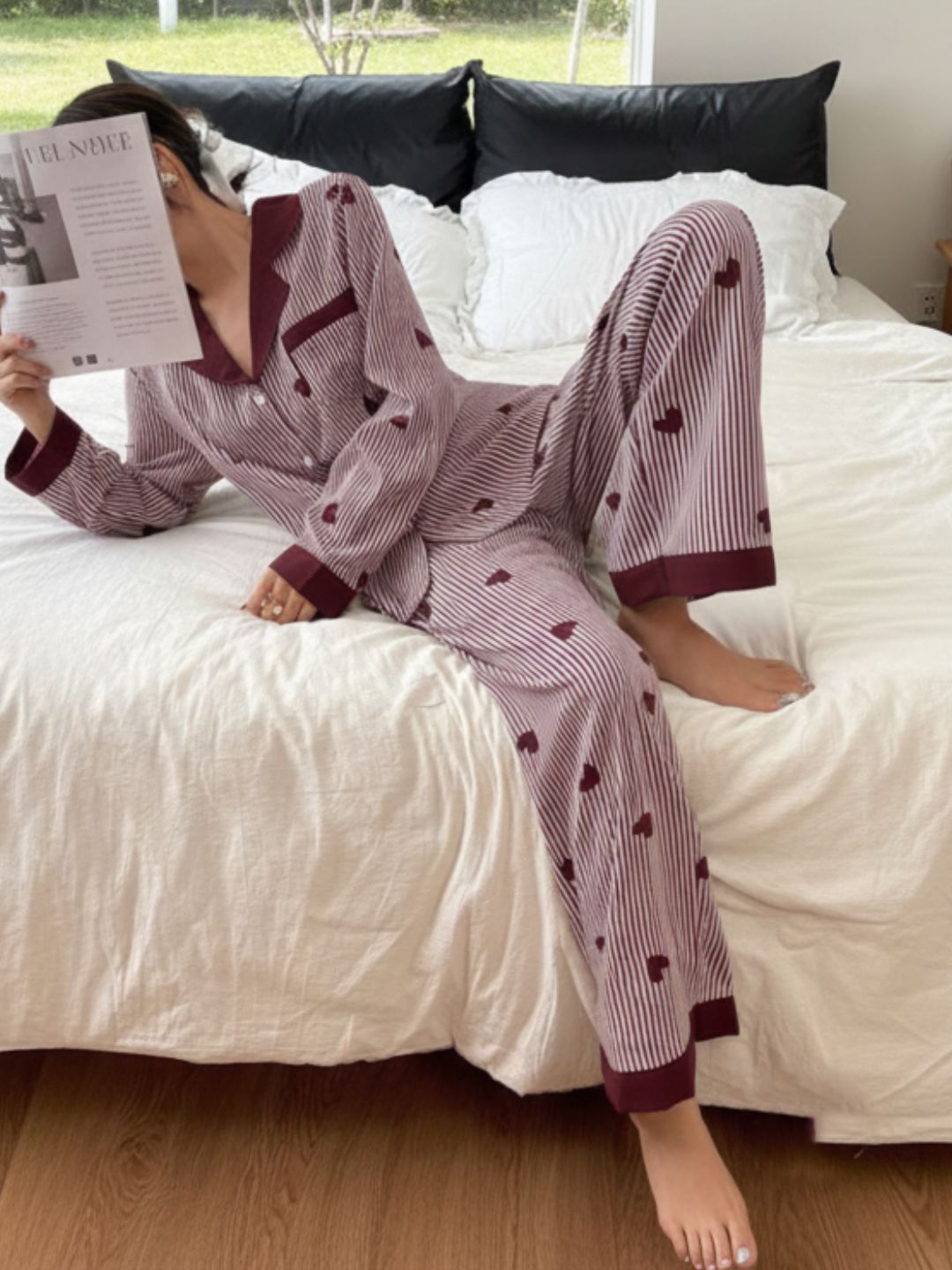 11016-Women Black & White Striped Heart Print Comfortable Shirt & Pyjama Nightwear Set