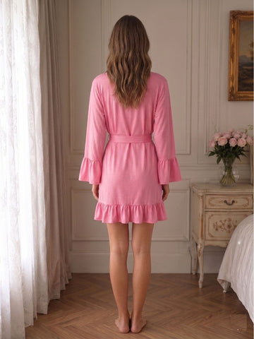11033-Women Satin Wrap Night Robe with Ruffle Detail