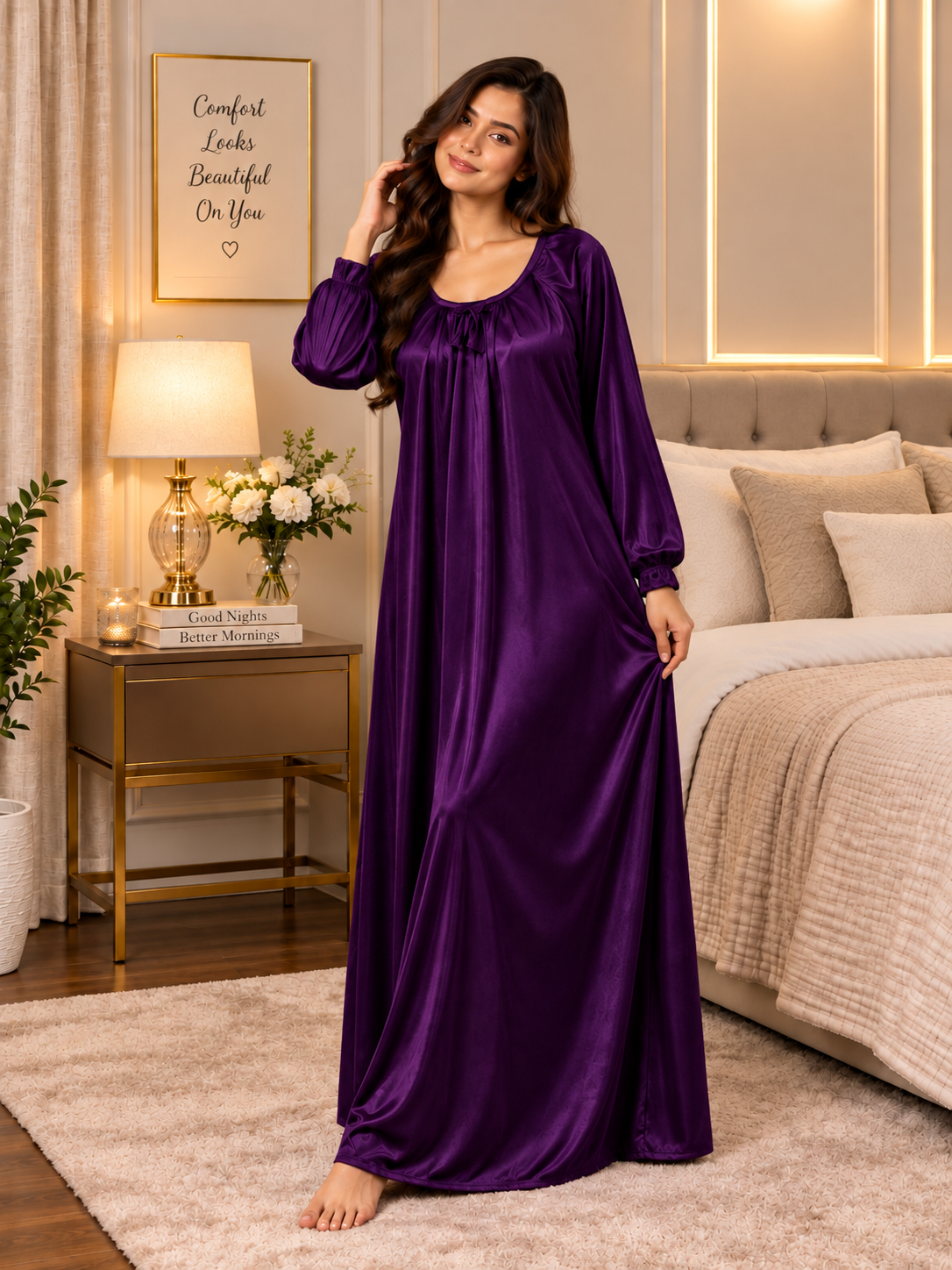 11065-Women Solid Satin Full-Length Night Dress.