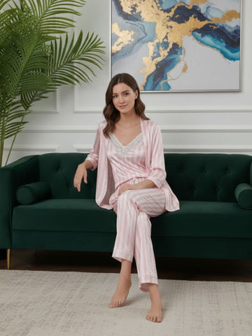 11011-PINK Women’s Satin 3 Piece Nightwear Set – Striped Camisole, Robe & Pyjama