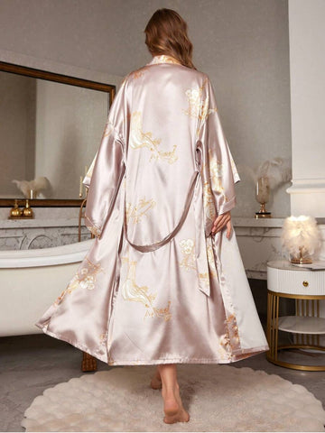 11018- Women Blush Pink Floral Satin Nightwear Set with Kimono Robe