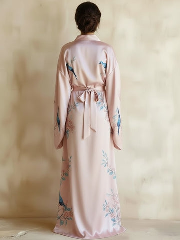 11027 - Women Blush Pink Floral & Bird Print Satin Kimono Style Night Robe