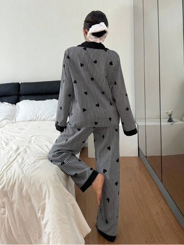 11016-Women Black & White Striped Heart Print Comfortable Shirt & Pyjama Nightwear Set