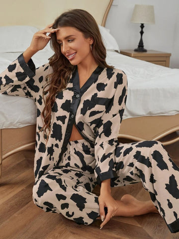 11026 - Women Cream & Black Animal Print Button-Down Night Suit