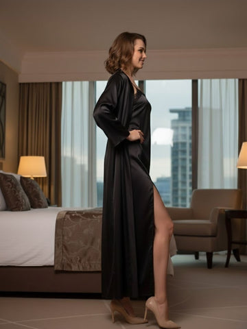 11015- Women Black Satin Nightwear Set with Lace-Trimmed Slip & Robe