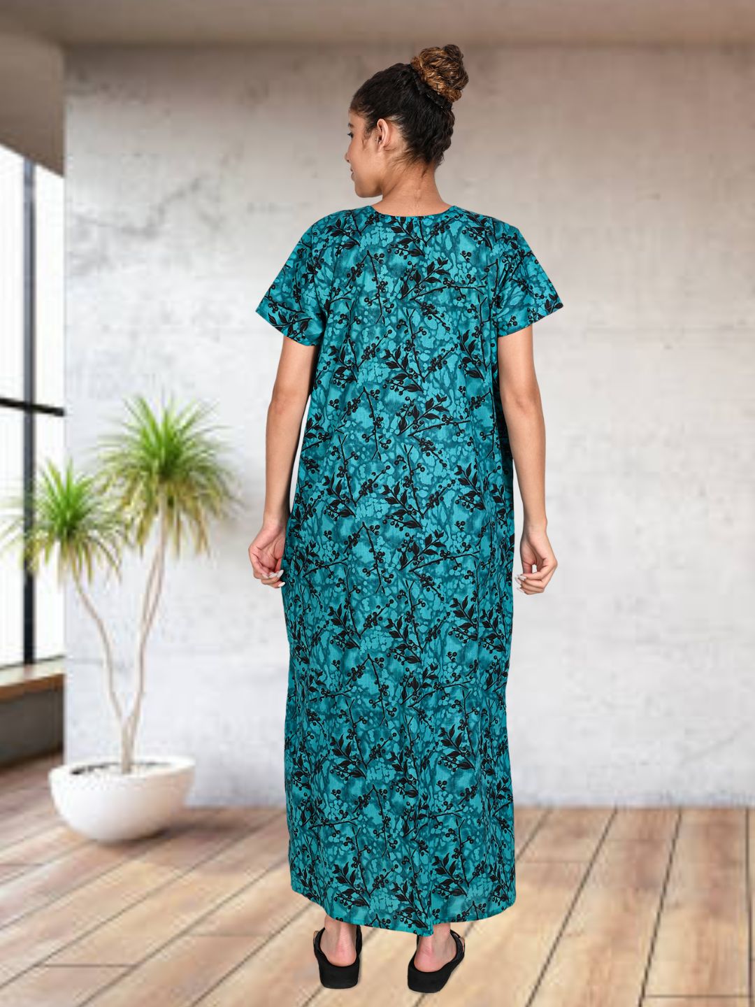 1502-Women's Pure Cotton Blended Printed Maxi Dress for Daily & Night Wear Floral Nighty
