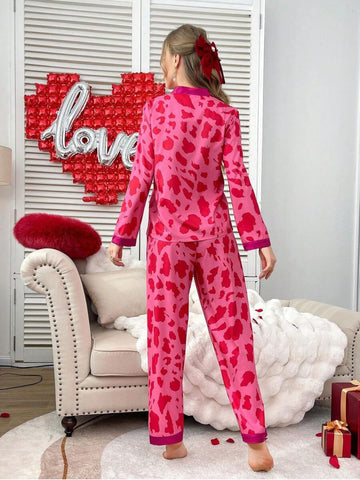 11026 - Women Pink & Red Animal Print Button-Down Night Suit