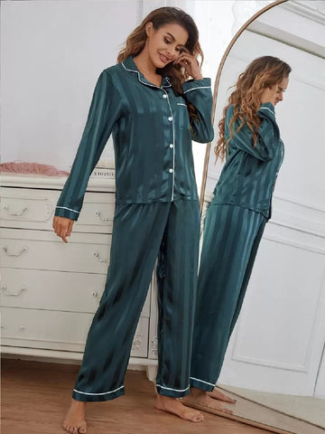 11013-Women Green Satin Finish Shirt & Pyjama Night Suit Set