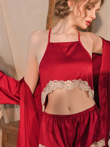 301 DN   3-Piece Satin Nightwear Set with Lace Trim – Robe, Cami & Shorts