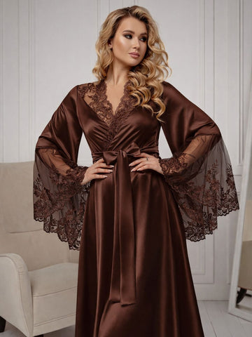11028-Coffee Elegant Lace Trim Bridal Robe with Flared Sleeves