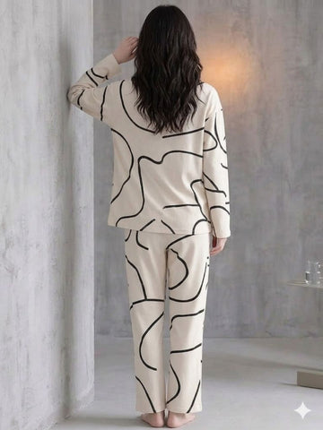 11034-Women Cream Abstract Printed Shirt Collar Night Suit Set