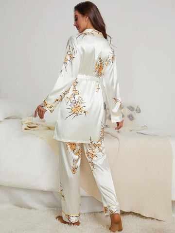 11009-YELLOW Women’s Satin Floral Pajama Set with Matching Robe – Luxury Sleepwear Loungewear Set
