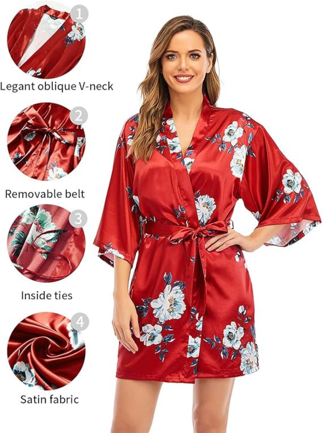 93 WINE-Women's Satin Floral Nightdress and Robe Set