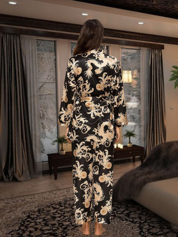 990- Women Black & Gold Baroque Print Satin 3-Piece Night Suit Set