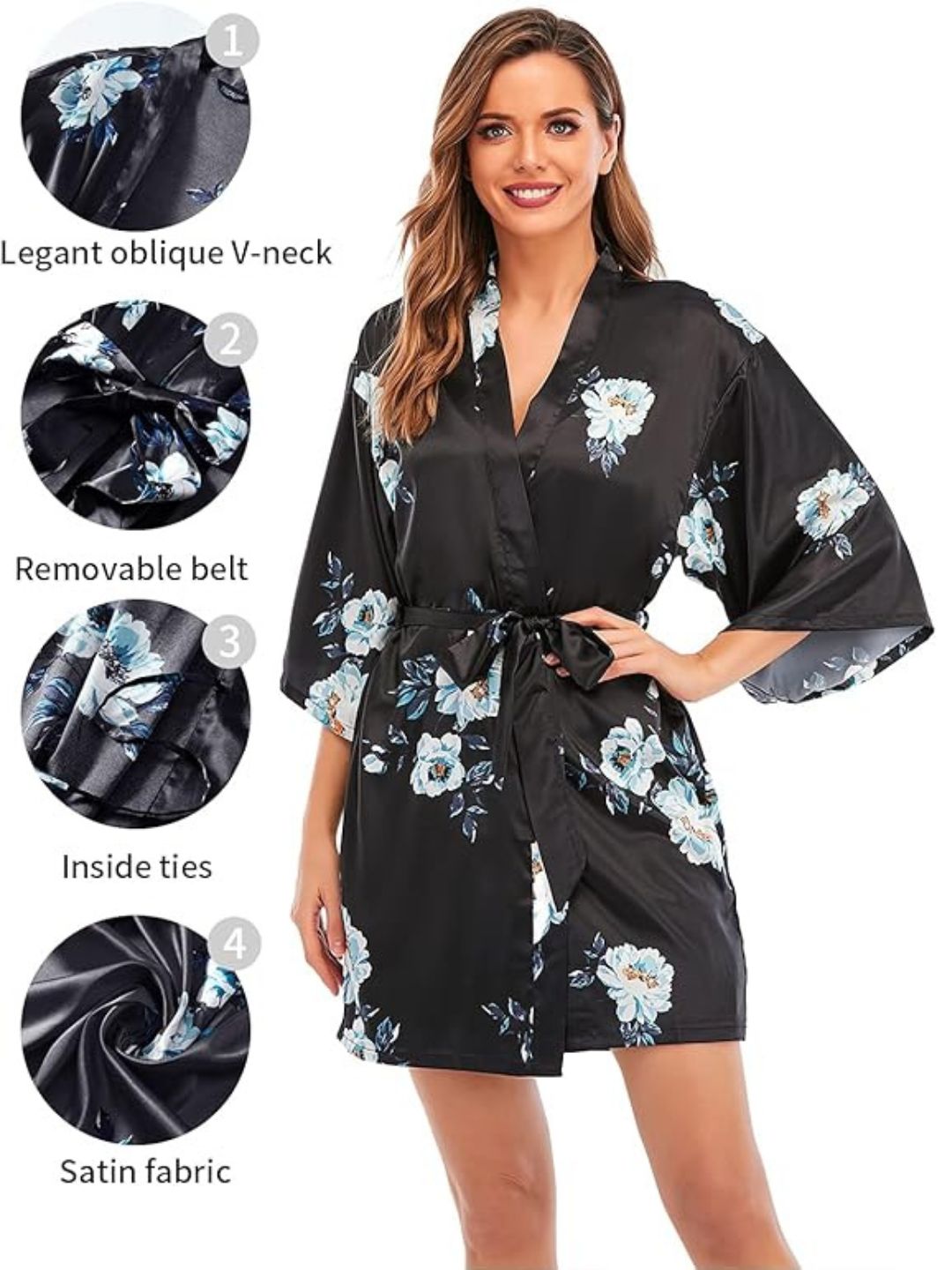 93 BLACK-Women's Satin Floral Nightdress and Robe Set