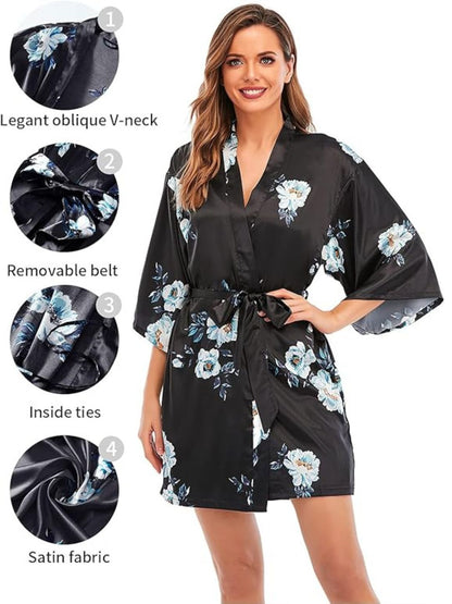 93 BLACK-Women's Satin Floral Nightdress and Robe Set