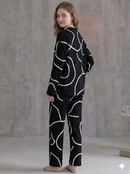 11034-Women Black Abstract Printed Shirt Collar Night Suit Set