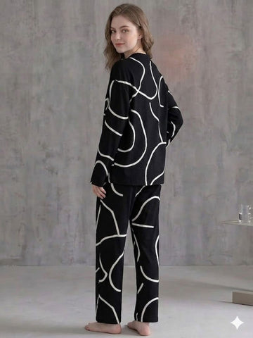 11034-Women Black Abstract Printed Shirt Collar Night Suit Set