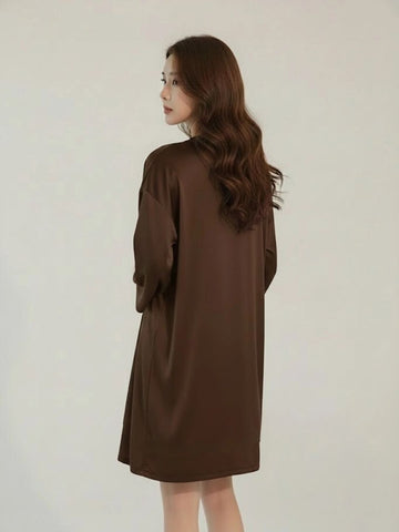 11036 - Women Brown Satin Nightdress with Lace-Up Detail & Robe Set