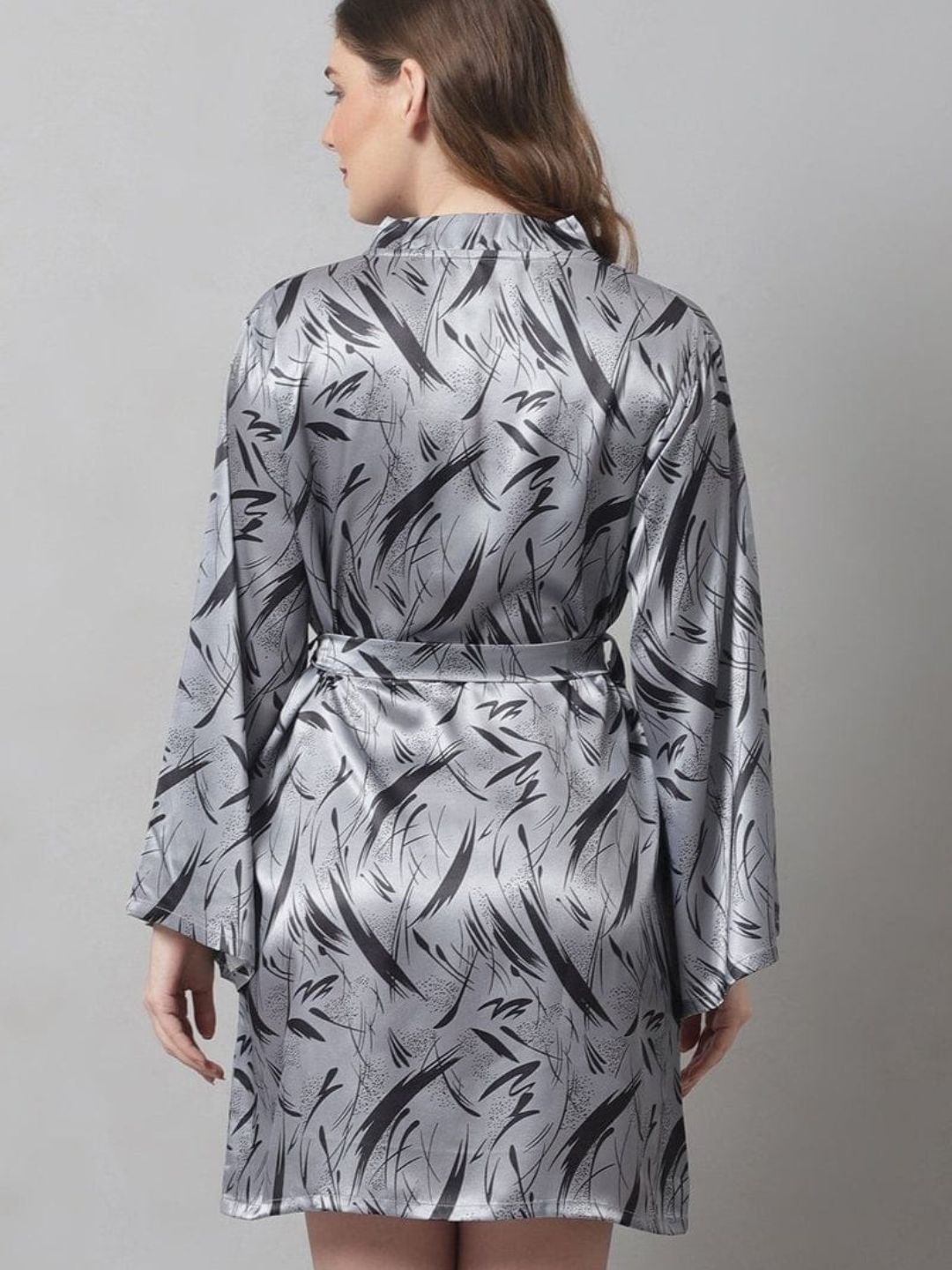 88-Elegant Grey Satin Leaf-Print Short Robe
