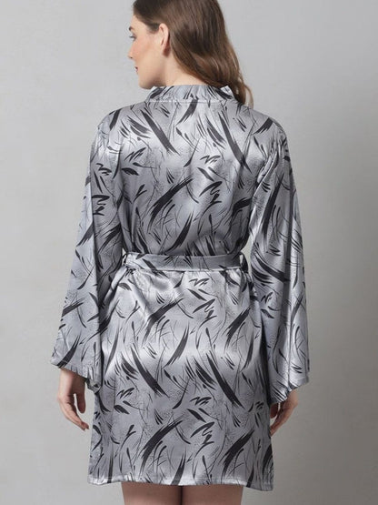 88-Elegant Grey Satin Leaf-Print Short Robe