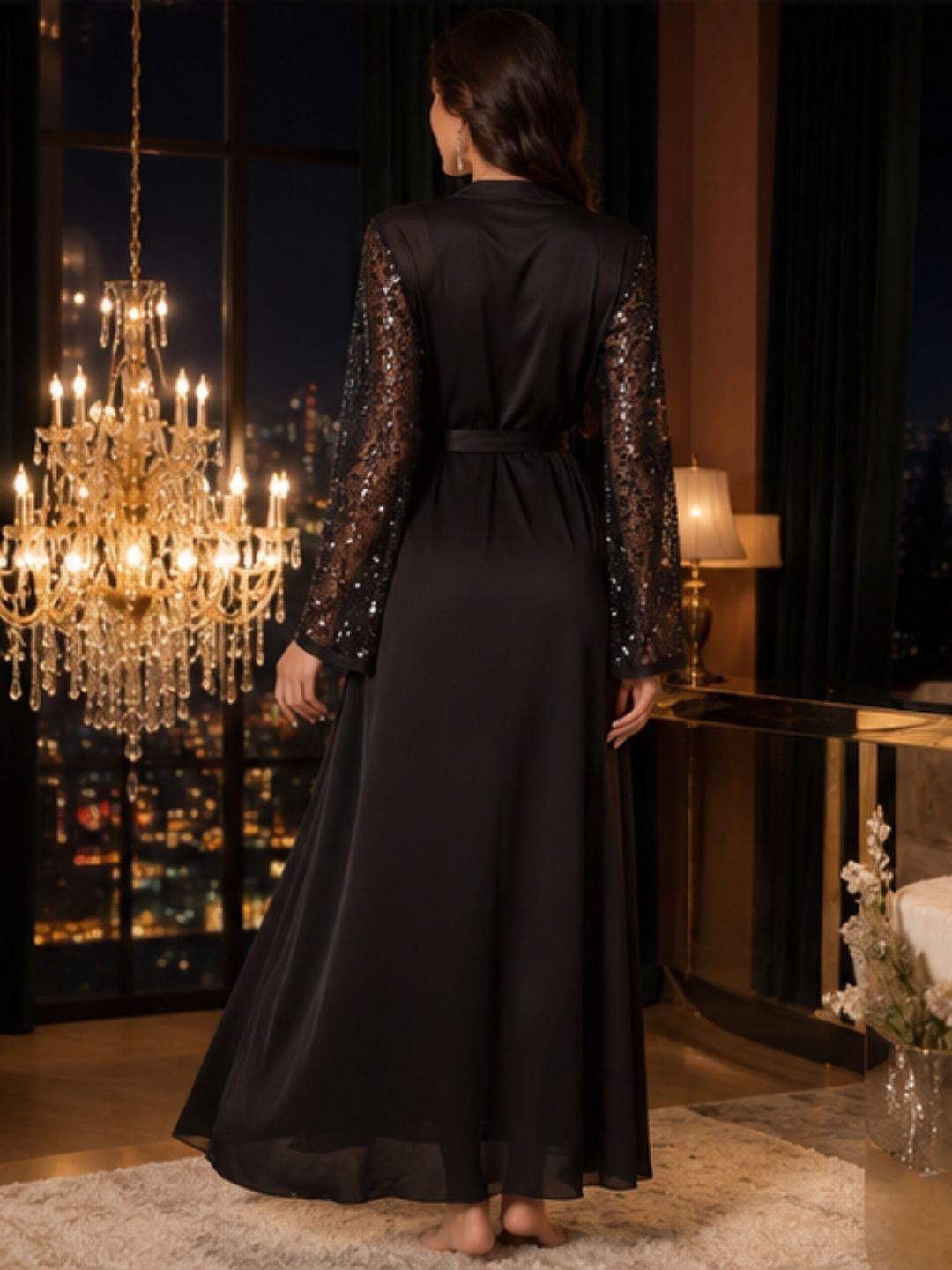 21001-Women Japanese Satin Nightdress with Sheer Sequin Robe