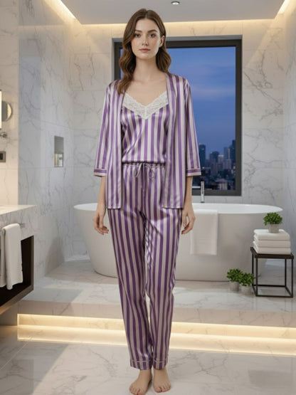 11011-MAROON Women’s Satin 3 Piece Nightwear Set – Striped Camisole, Robe & Pyjama